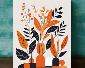 Nowoczesny abstrakcyjny plakat botaniczny: pomarańczowo-czarna sztuka ścienna w stylu boho