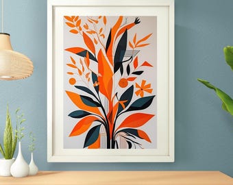 Nowoczesny abstrakcyjny plakat botaniczny: pomarańczowo-czarna sztuka ścienna w stylu boho