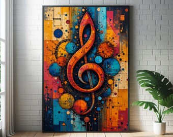 Poster abstracte muzieknoten solsleutel: moderne jazz muurkunst uit het midden van de eeuw