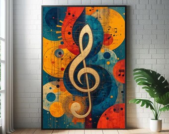 Poster abstracte muzieknoten solsleutel: moderne jazz muurkunst uit het midden van de eeuw