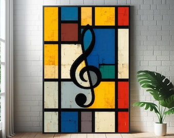 Abstracte mozaïekposter met muzieknoten: kunstprint in de stijl van mid-century modern jazz.
