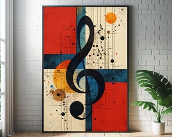 Abstracte poster met muzieknoten: kunstprint in de stijl van mid-century modern jazz.