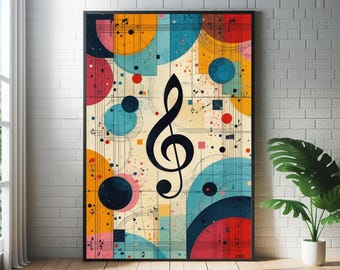 Abstracte poster met muzieknoten: kunstprint in de stijl van mid-century modern jazz.