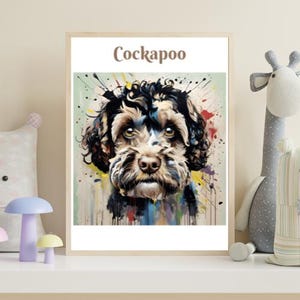 Póster de perro adorable, retrato de cockapoo, perro de dibujos animados, cachorro con fondo verde patel en estilo acuarela, mejor amigo en varios tamaños de impresión.