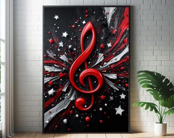 Abstracte muzieknotenposter in rood, zwart en zilver: kunstprint in de stijl van mid-century modern jazz.