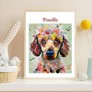 Póster de perro adorable, retrato de caniche, perro de dibujos animados, cachorro con fondo verde patel en estilo acuarela, mejor amigo en varios tamaños de impresión.