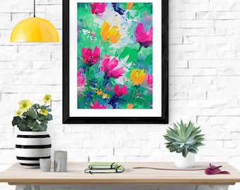 Mid-Century Modern Floral Oil Painting Style Poster Print: Abstract Botanical Wall Art