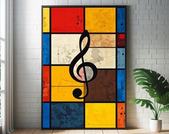 Abstracte Mondrian-poster met muzieknoten in de G-sleutel: Muurdecoratie in de stijl van mid-century modern jazz.