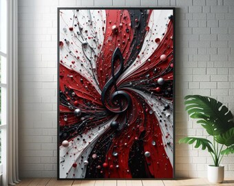 Abstracte muzieknotenposter in rood, zwart en zilver: kunstprint in de stijl van mid-century modern jazz.