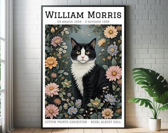 William Morris Black and White Cat Art Print: Botanical Garden Exhibition Poster