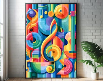 Kleurrijke abstracte poster met muzieknoten: Bauhaus- en jazz-geïnspireerde muurdecoratie
