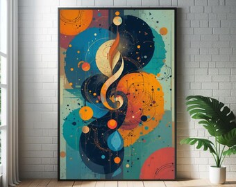 Poster abstracte muzieknoten solsleutel: moderne jazz muurkunst uit het midden van de eeuw