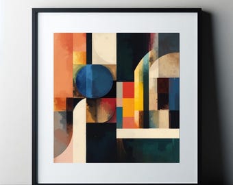 Modern Abstract Bauhaus Style Art Poster in Square Format: Colourful Wall Decor Print