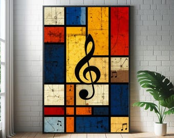 Abstracte mozaïekposter met muzieknoten: kunstprint in de stijl van mid-century modern jazz.
