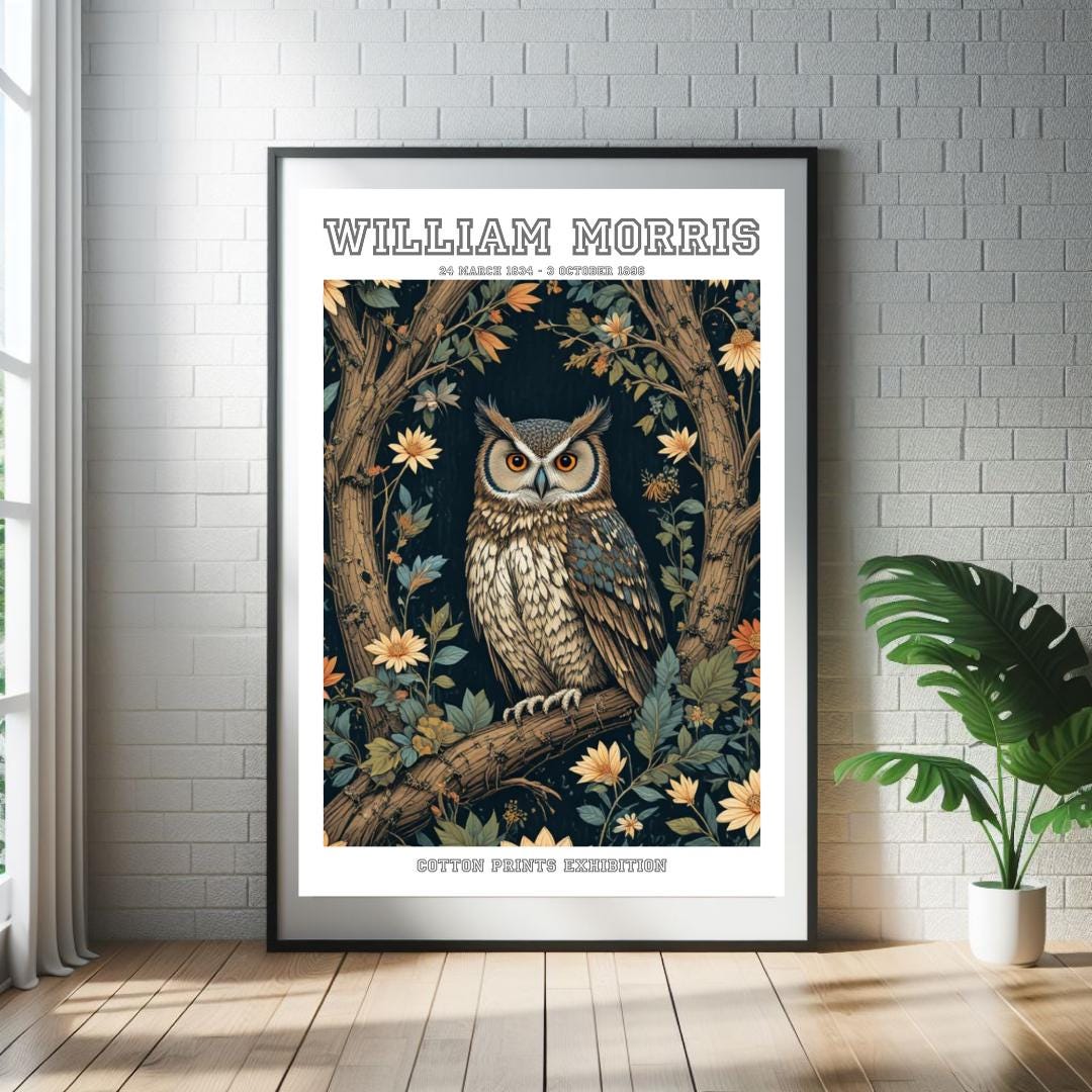 William Morris Abstract Owl in the Forest Art Print : Cotton Prints Exhibition Botanical Art Poster