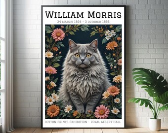 William Morris Grey Persian Cat Art Print: Botanical Garden Poster