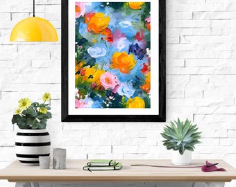 Mid-Century Modern Floral Oil Painting Style Poster Print: Abstract Botanical Wall Art