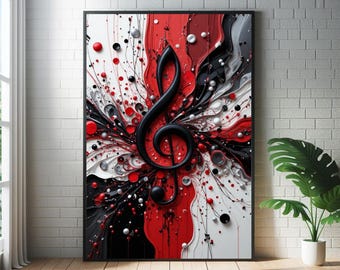 Abstracte muzieknotenposter in rood, zwart en zilver: kunstprint in de stijl van mid-century modern jazz.
