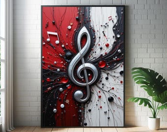 Abstracte muzieknotenposter in rood, zwart en zilver: kunstprint in de stijl van mid-century modern jazz.