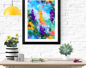 Mid-Century Modern Floral Oil Painting Style Poster Print: Abstract Botanical Wall Art