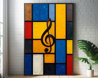 Abstracte mozaïekposter met muzieknoten: kunstprint in de stijl van mid-century modern jazz.
