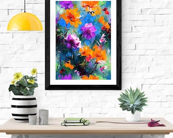 Mid-Century Modern Floral Oil Painting Style Poster Print: Abstract Botanical Wall Art