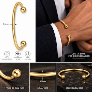 May include: A polished yellow gold cuff bracelet featuring a smooth, rounded band with a 3.5mm width and spherical ball ends. The design is open-ended, showcasing a reflective metallic finish that highlights the solid construction of the jewelry piece.