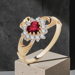 18 karat guld rubin Claddagh ring på massivt sterlingsilver 925 Hallmark storlek K-U