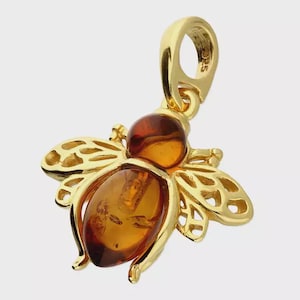 24k Gold Amber Bee Pendant With Chain on Solid Sterling Silver 925