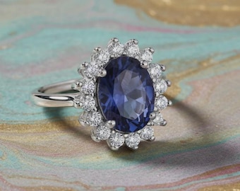 Sterling Silber Saphir Ring Großes Cluster Verlobungsring 925 Größe K-S