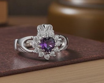 Amethyst Claddagh Ring Massiv Sterling Silber 925er Größe K-U