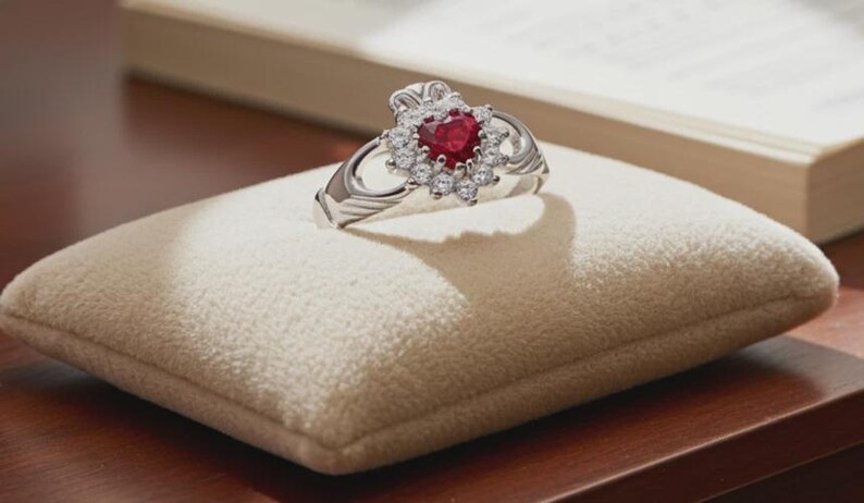K&ouml;nnte beinhalten: Ein silberner Claddagh-Ring mit einem herzf&ouml;rmigen Rubin als Mittelstein, umgeben von kleinen wei&szlig;en Edelsteinen. Der Ring liegt auf einem kleinen, cremefarbenen Kissen. Das Design des Rings zeigt ein Herz, H&auml;nde und eine Krone.