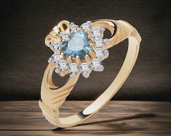 18 Karat Gold Aquamarin Claddagh Ring auf massivem Sterling Silber 925er Größenstempel Größe K-U