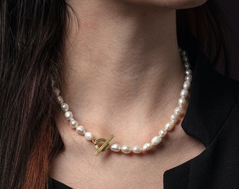EDEN Handmade Pearl Necklace with Cast Clasp in Brass, Sterling Silver, 14k Gold Vermeil or 10k Gold with White Baroque Freshwater Pearls