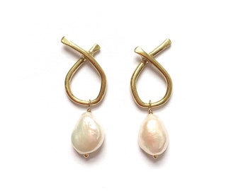 SMALL ODYSSEY Baroque Pearl Wabi Sabi Stud Earrings / Handmade Minimalist Earrings in Brass, Silver, 14k Gold Vermeil or 10k Gold