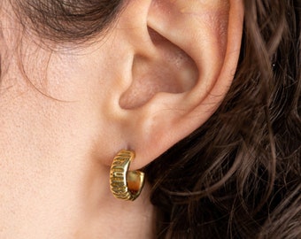 ARTIFACT Hoop Earrings / Handmade Small Chunky Textured Stripe Earrings in Brass, Sterling Silver, 14k Gold Vermeil, or 10k Gold