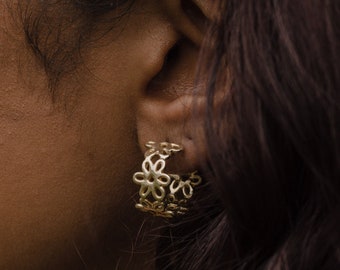 POSY Flower Hoop Earrings / Handmade Modern Floral Lace Earrings in Brass, Sterling Silver, 14k Gold Vermeil, or 10k Gold