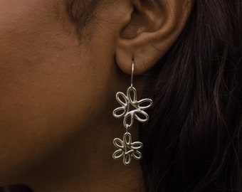 BLOSSOM Flower Dangly Earrings / Handmade Modern Floral Hook Earrings in Brass, Sterling Silver, 14k Gold Vermeil, or 10k Gold