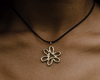 BLOSSOM 90s Inspired Flower Necklace on Waxed Cotton Cord / Handmade Floral Pendant in Brass, Sterling Silver, 14k Gold Vermeil, or 10k Gold