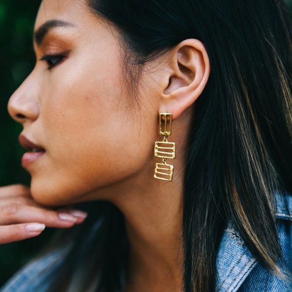 PETRA - Handmade Asymmetrical Earrings in Brass, Sterling Silver, 14k Gold Plate or Solid 10k Gold / / Wabi-Sabi Pillar Inspired Earrings