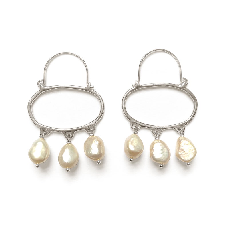 PENELOPE Wabi Sabi Hoop Earrings with Pearls / Handmade Minimalist Oval Earrings in Brass, Sterling Silver, 14k Gold Plated or 10k gold image 7