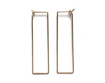 Minimalist Rectangle Large Box Hoops  / / Delicate Wire Hoop Earrings in Sterling Silver or 14k Gold Fill