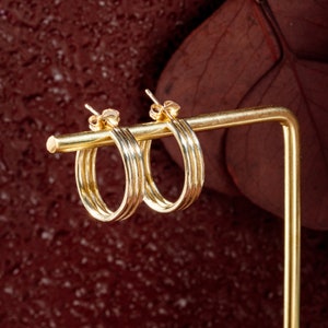 HARMONY Handmade Minimalist Hoop Earrings in Brass, Sterling Silver, 14k Gold Vermeil or 10k Gold, Triple Row Hoop Earrings