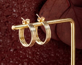 HARMONY Handmade Minimalist Hoop Earrings in Brass, Sterling Silver, 14k Gold Vermeil or 10k Gold, Triple Row Hoop Earrings