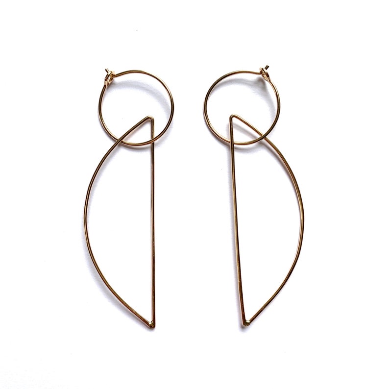 Minimalist BAUHAUS I Half Moon Drop Earrings / / Delicate Lightweight Sterling Silver or 14k Gold Fill Wire Hoop Earrings image 2
