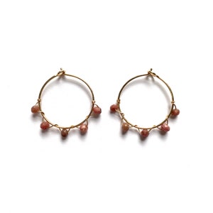 Handmade Pink Rhodochrosite Hammered Hoops / / Delicate Gemstone Round Wire Hoop Earrings in Sterling Silver or 14k Gold Fill