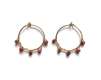 Handmade Pink Rhodochrosite Hammered Hoops / / Delicate Gemstone Round Wire Hoop Earrings in Sterling Silver or 14k Gold Fill