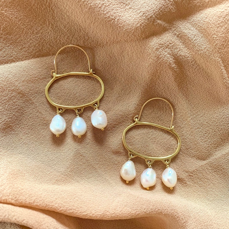 PENELOPE Wabi Sabi Hoop Earrings with Pearls / Handmade Minimalist Oval Earrings in Brass, Sterling Silver, 14k Gold Plated or 10k gold image 1