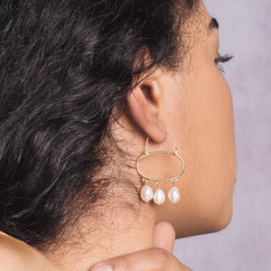 PENELOPE Wabi Sabi Hoop Earrings with Pearls / Handmade Minimalist Oval Earrings in Brass, Sterling Silver, 14k Gold Plated or 10k gold image 2