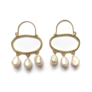 PENELOPE Wabi Sabi Hoop Earrings with Pearls / Handmade Minimalist Oval Earrings in Brass, Sterling Silver, 14k Gold Plated or 10k gold image 3